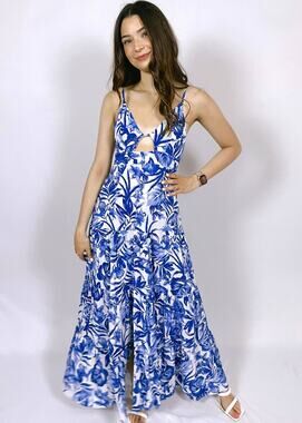 JardinVue Floral Maxi Dress Cobalt Blue Womens Medium Sleeveless V Neck New